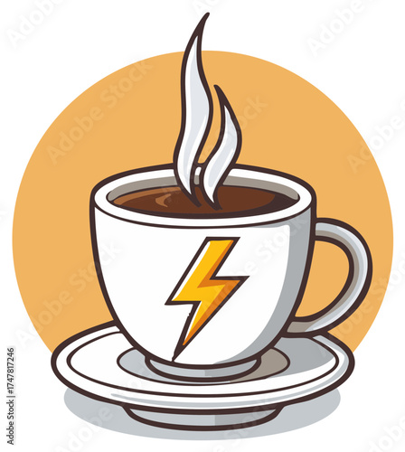 Steaming hot coffee cup with a lightning bolt logo representing a caffeine energy boost vector illustration