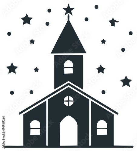 Stylized Church Building Surrounded by Stars and Dots for Holiday Season
