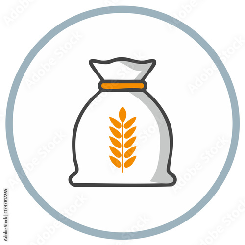 Vector icon of a flour sack with a wheat ear symbol for agriculture and baking concepts