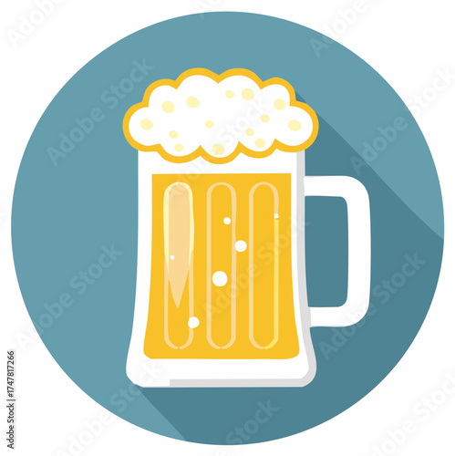 Flat design icon of a beer mug with foam and a long shadow