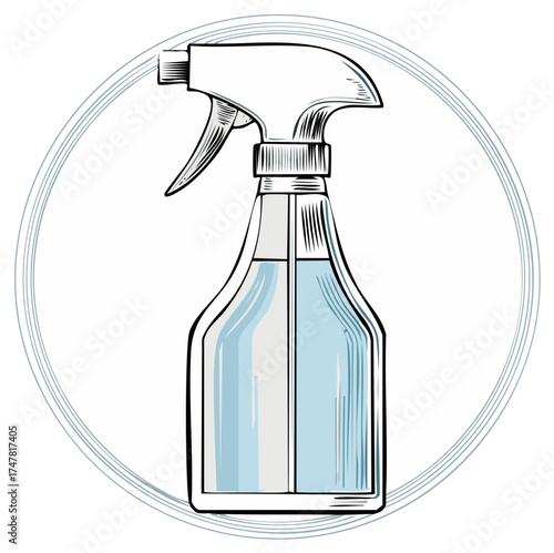Engraving style illustration of a cleaning spray bottle with liquid