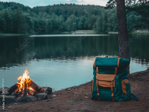 Scenic Lakeside Camping, Backpack by Campfire