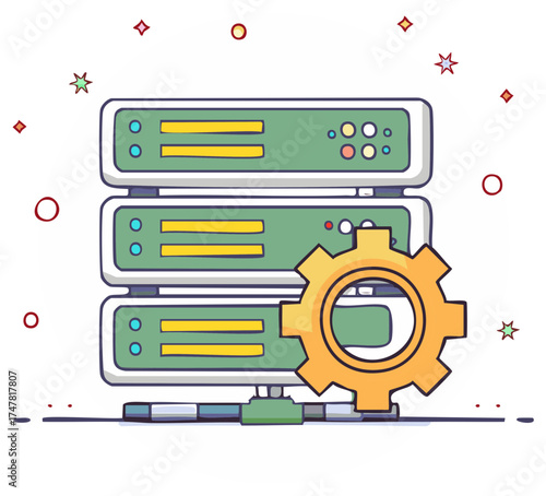 Computer server rack with rotating gear wheels for data processing illustration