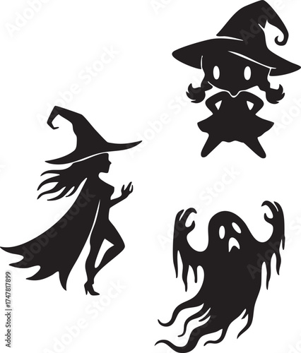 Halloween Silhouettes Vector Set: Spooky Witch, Cute Witch, and Creepy Ghost Illustration.