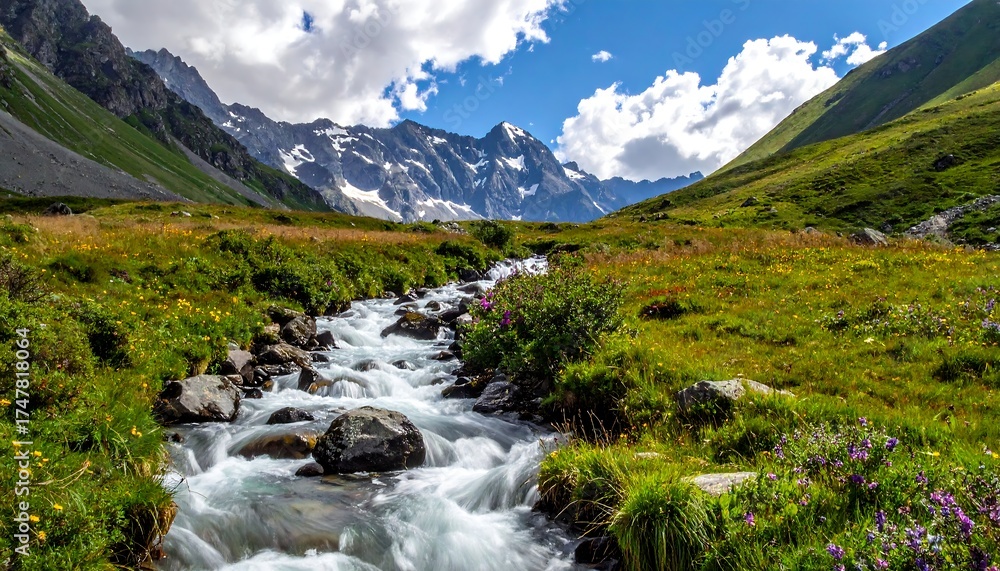 Obraz premium Valley with a flowing river, mountains, green hills, and a bright blue sky