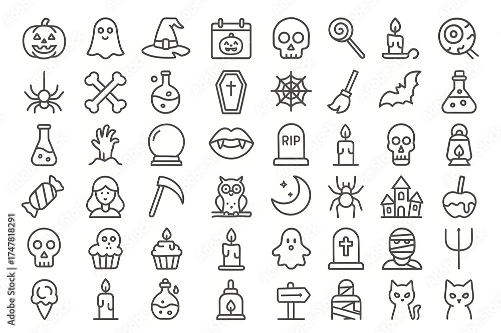 Fototapeta premium Set of 40 Halloween line icons in minimal style, black on white, including pumpkin, ghost, skull, bat, spider, coffin, tombstone, candle, candy, witch hat, moon owl haunted house