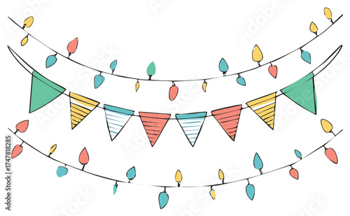 Festive Party Decoration with Colorful Pennant Banners and Fairy Lights for Celebrations