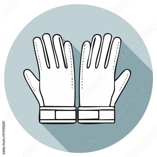 Vector illustration of two white protective gloves with long shadow effect in a light blue circle.
