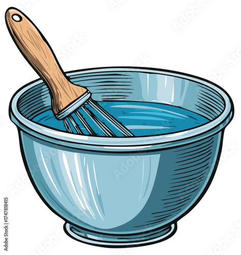 Vector illustration of a wire whisk with a wooden handle mixing liquid in a metal bowl