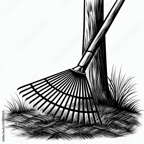 Illustration of a rake leaning against a tree in a fall garden setting
