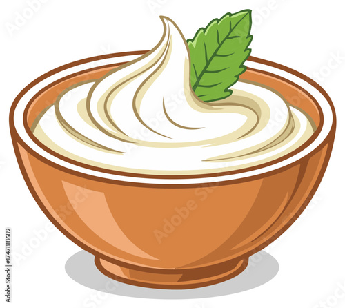 Bowl of fresh sour cream or yogurt with a mint leaf garnish cartoon vector illustration