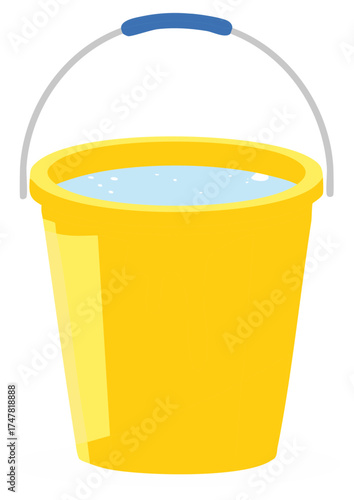 Bright yellow plastic bucket filled with water cartoon vector illustration