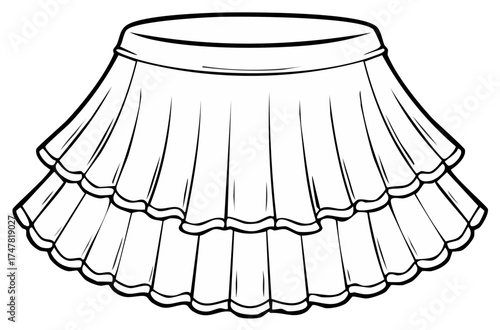 Line art of a two-tiered flounce skirt with waistband, a garment for women and girls, fashion illustration