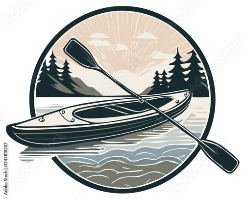 Tranquil Kayak Adventure: Serene river scene with a paddle boat gliding past evergreen trees at sunset