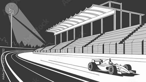 Illustration of a race car speeding on a track with stadium seating and bright lights at night time scene