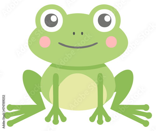 Cartoon frog vector illustration with big eyes, smiling mouth, and rosy cheeks on white background