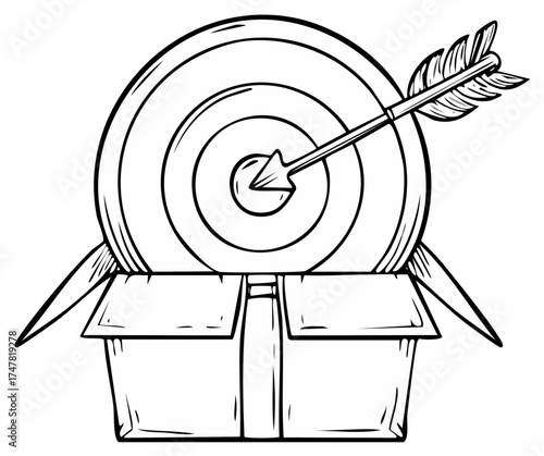 Line art depiction of target in a box, pierced by an arrow symbolizing business objectives, aim, focus and strategy