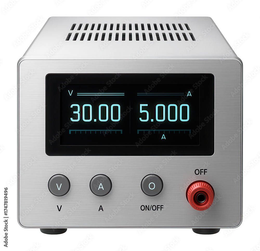 Fototapeta premium Digital display linear power supply for home office, showing real-time voltage and current.