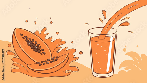 Illustration of a glass being filled with papaya juice next to a papaya fruit with splashes around it