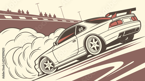 Illustration of a white sports car drifting on a track with spectators in the background view from side