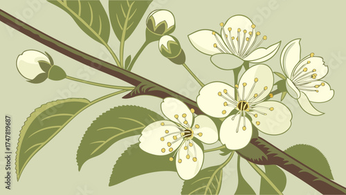 Illustration of a flowering branch with white blossoms green leaves and buds on a light green background