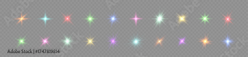 Set of rainbow-colored glowing stars. Sparkling luminous points and radiant rays create dynamic and festive effects. Perfect for celebrations, digital art, or abstract creative projects.