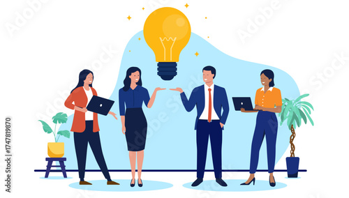 A diverse business team of businesspeople stands together, presenting a big idea symbolised by a glowing lightbulb while smiling in flat design vector illustration style on white background