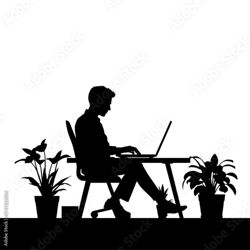 silhouette of a man working on a laptop at a desk surrounded by potted plants, against a transparent background
