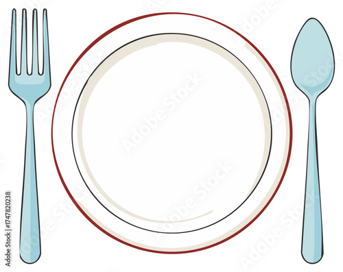 Simple cartoon illustration featuring a white plate with red trim flanked by a blue fork and spoon ready for dining