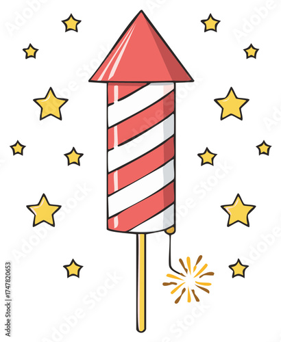 Red and white striped rocket firework with lit fuse and scattered stars