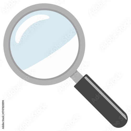Magnifying glass with gray rim and black handle showing a clear lens for discovery