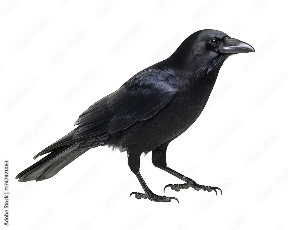 Fototapeta premium A detailed studio shot of a glossy, black common raven against black
