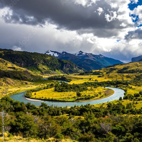 Verdant valley with winding river nestled between mountains and a cloudy sky