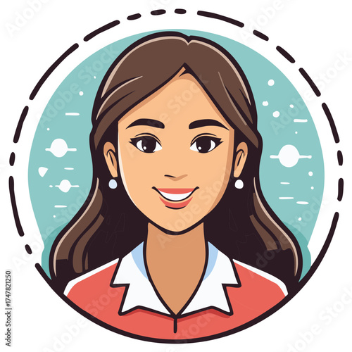 Smiling woman portrait illustration inside blue circle with dots and decorative outline