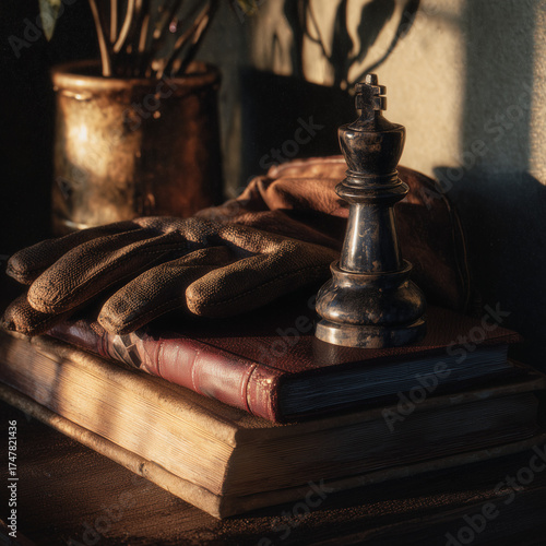 A symbolic still life of timeless objects: a well-used book, gardening gloves, and a chess piece in warm golden light.