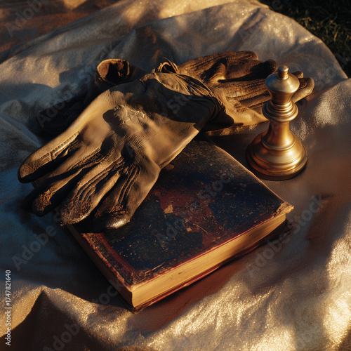 A symbolic still life of timeless objects: a well-used book, gardening gloves, and a chess piece in warm golden light.