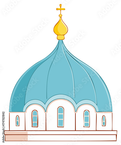 Orthodox Church Dome Vector Graphic with Blue Roof and Golden Cross on White Background
