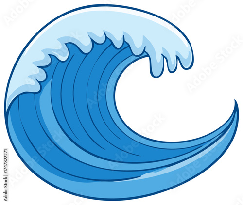 Cartoon illustration of a large blue ocean wave cresting with foamy white water