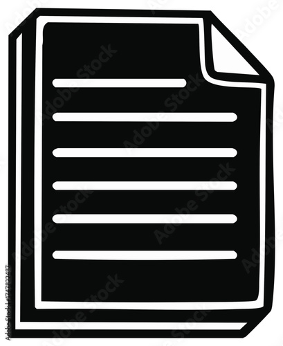 Black and white icon of stacked documents with text lines and a folded page corner