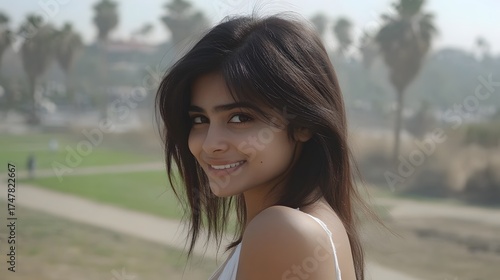 Beautiful Smiling Woman Outdoor Portrait, Palm Trees Background