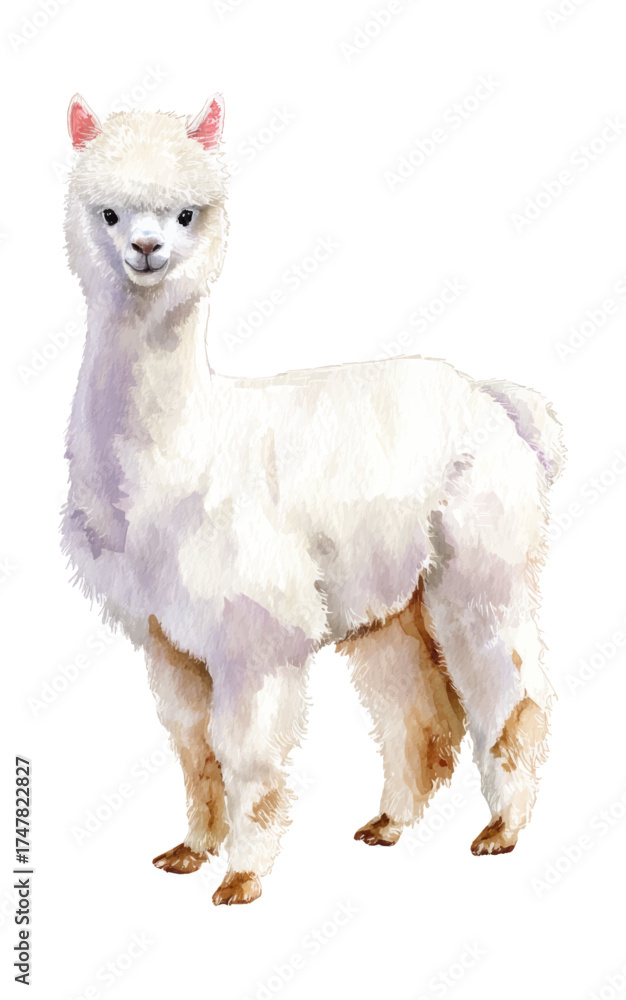 Fototapeta premium Watercolor white alpaca, simple clipart, tender colors, clean lines, on a pure solid white background, high resolution