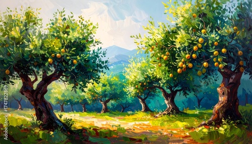 Vibrant Oil Painting of Orange Trees in an Orchard