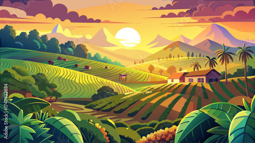very beautiful Sunrise illuminates rich coffee plantation. Rolling hills, golden light, peaceful atmosphere, ideal for travel, tourism, harvest, farming. Central American landscape, idyllic rural 