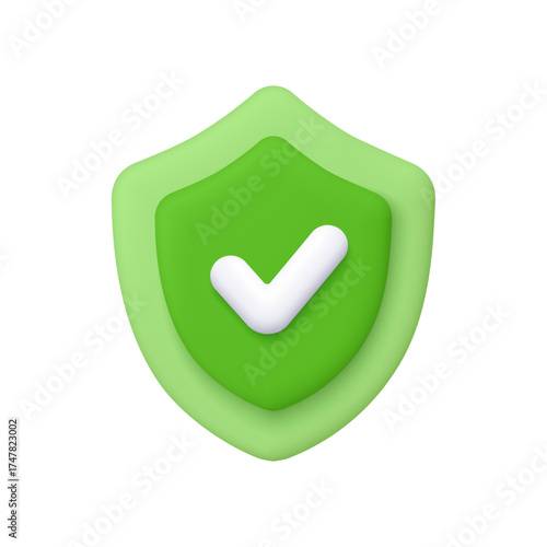 Green shield with a white check mark. Verified protection, security approval, safety confirmation, cybersecurity, antivirus software, and secure system concept. 3d vector icon. Cartoon minimal style.