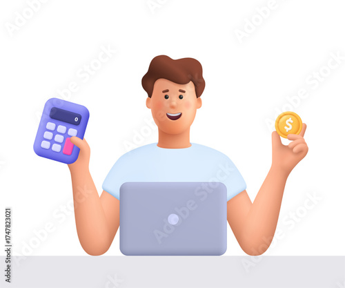 Young smiling man James working on laptop holding calculator and dollar coin. Business, finance, accounting, tax and budget planning concept. 3d vector people character. Cartoon minimal style.