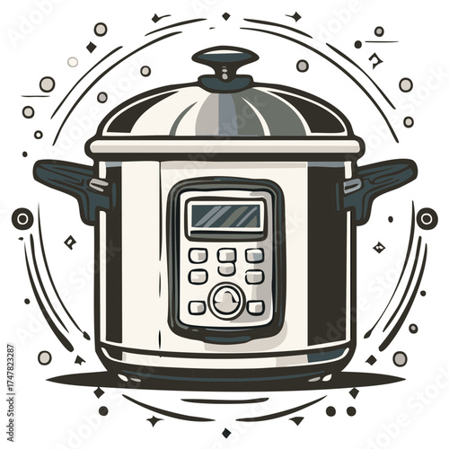 Electric Pressure Cooker with LCD Screen and Controls surrounded by Decorative elements