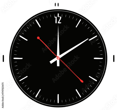 Clock Face Showing Noon, Time Passing, Black Round Clock with Red Second Hand