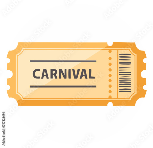 Vibrant orange carnival admission ticket illustration with barcode for festive event entry