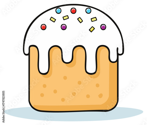 Simple cartoon illustration of a traditional Easter cake with white icing and colorful sprinkles