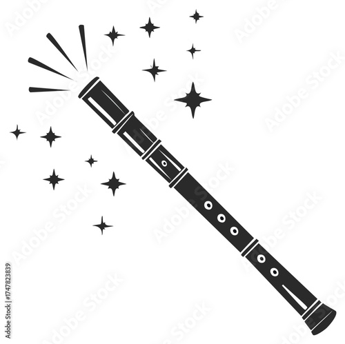 Whimsical Magic Wand Surrounded by Sparkling Stars Icon Style Magical Instrument Silhouette Isolated